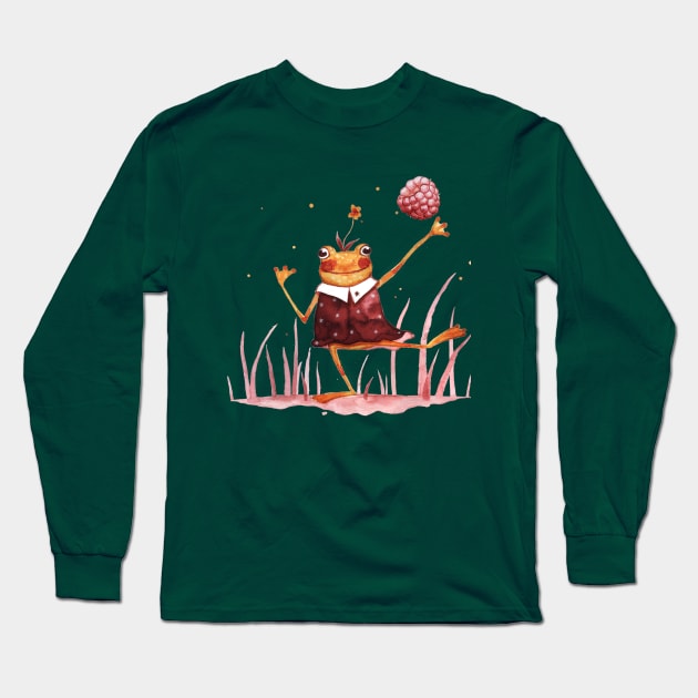 Happy frog with raspberry Long Sleeve T-Shirt by Hana Nekrep Art